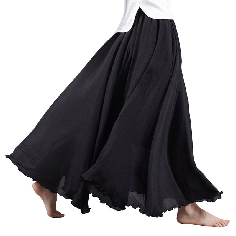 OCHENTA Women's Casual Cotton Long Maxi Skirt Flowy Boho for Summer Beach Goth Fairy Renaissance Weekend Skirts Black 95CM - Image 2